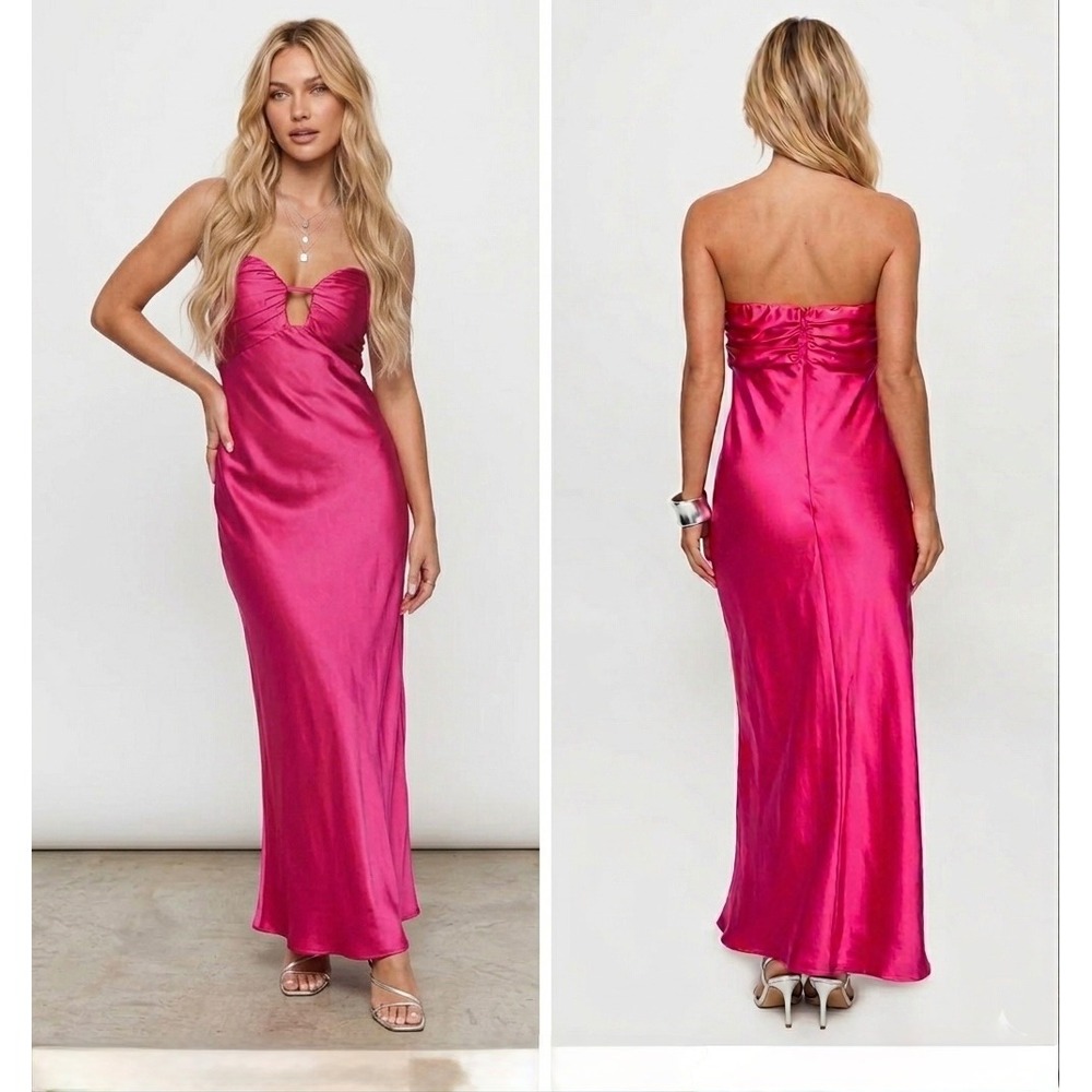 Princess Polly Cyprian Fuchsia Pink Satin Strapless Ruched Maxi Dress US 4
